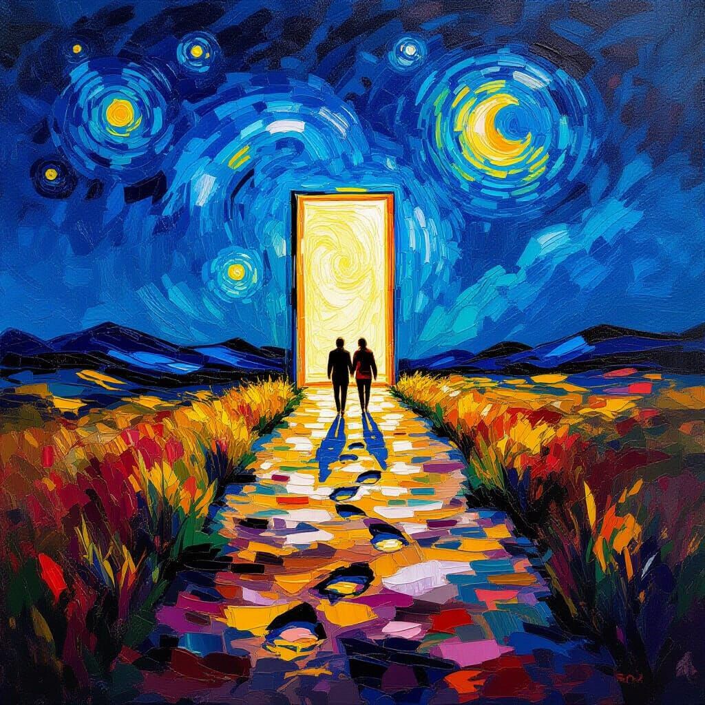 Footprints Lead to Future Doorway in Starry Landscape Painti...
