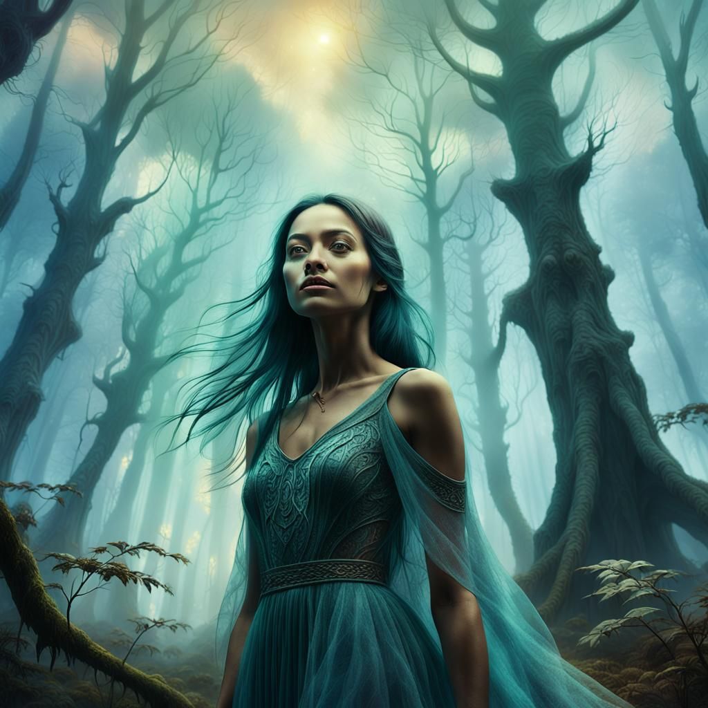 Mysterious Woman in Ethereal Forest: Fantasy Art