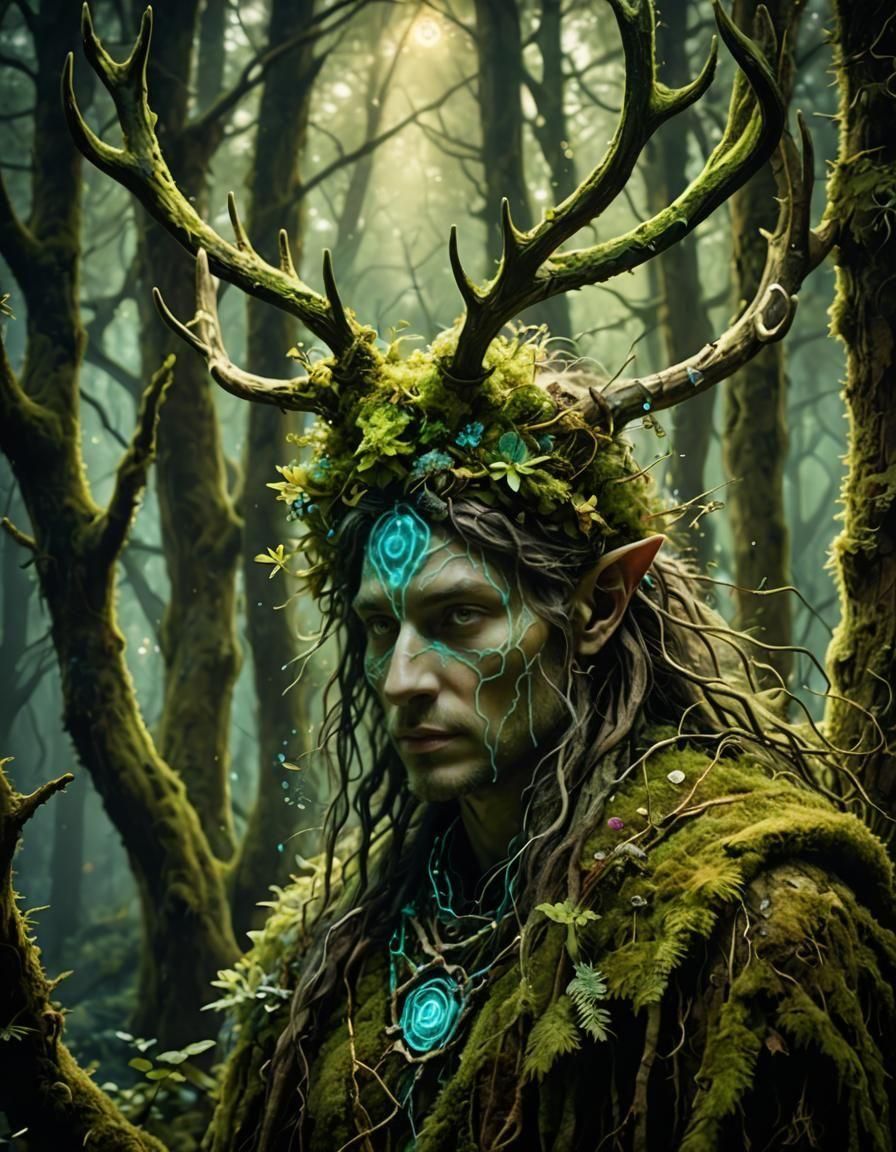 Bioluminescent Druid Forest Guardian in Digital Painting
