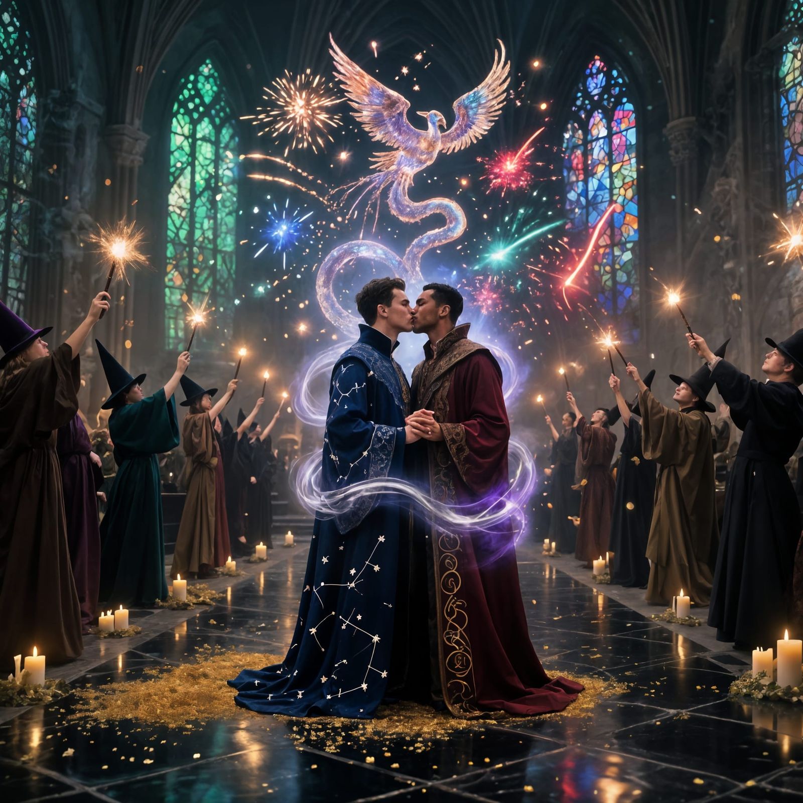 Sorcerers' Wedding Kiss in Gothic Cathedral