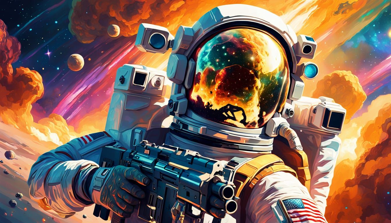 Astronaut with Gun in Space, Oil Painting Style