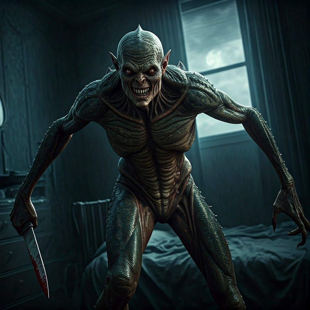Terrifying Demon Charges in Dark Bedroom, Photorealistic Hor...