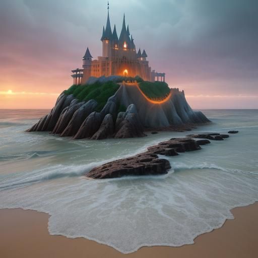 Elaborate Sand Castles at Sunset: Oil Painting
