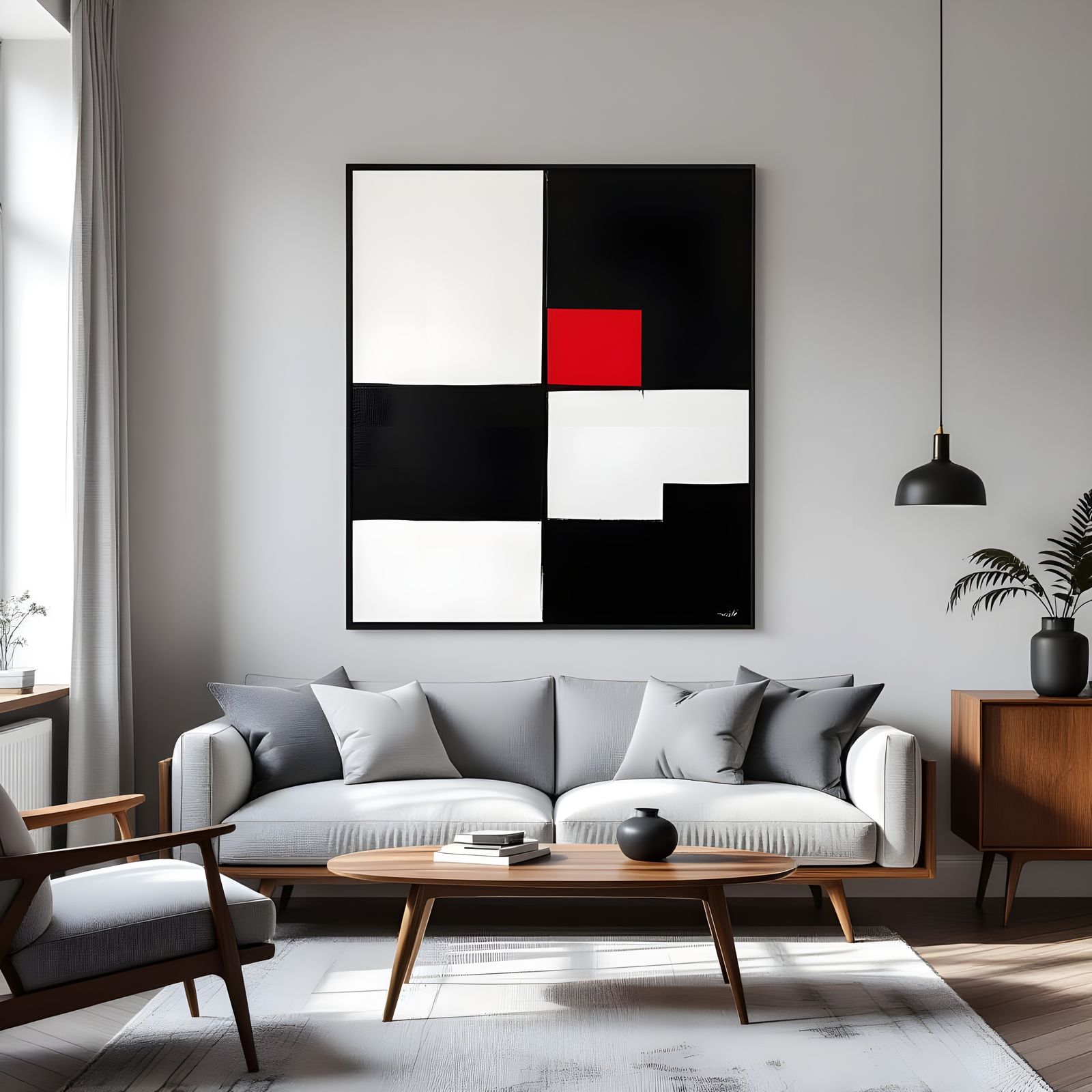 Monochrome Abstract Art in Retro Living Room