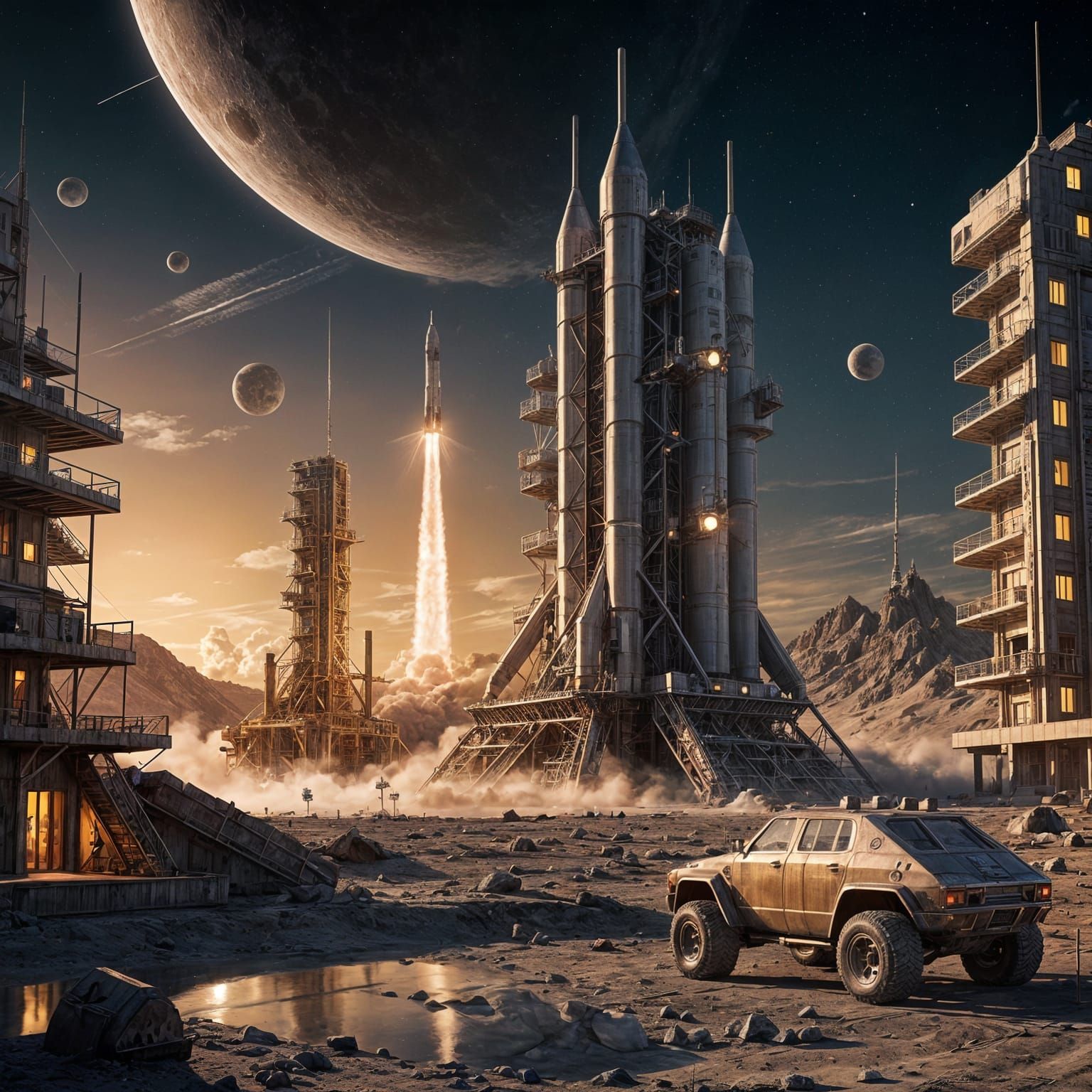 Realistic Moon Rocket Launchpad in Cinematic Lighting