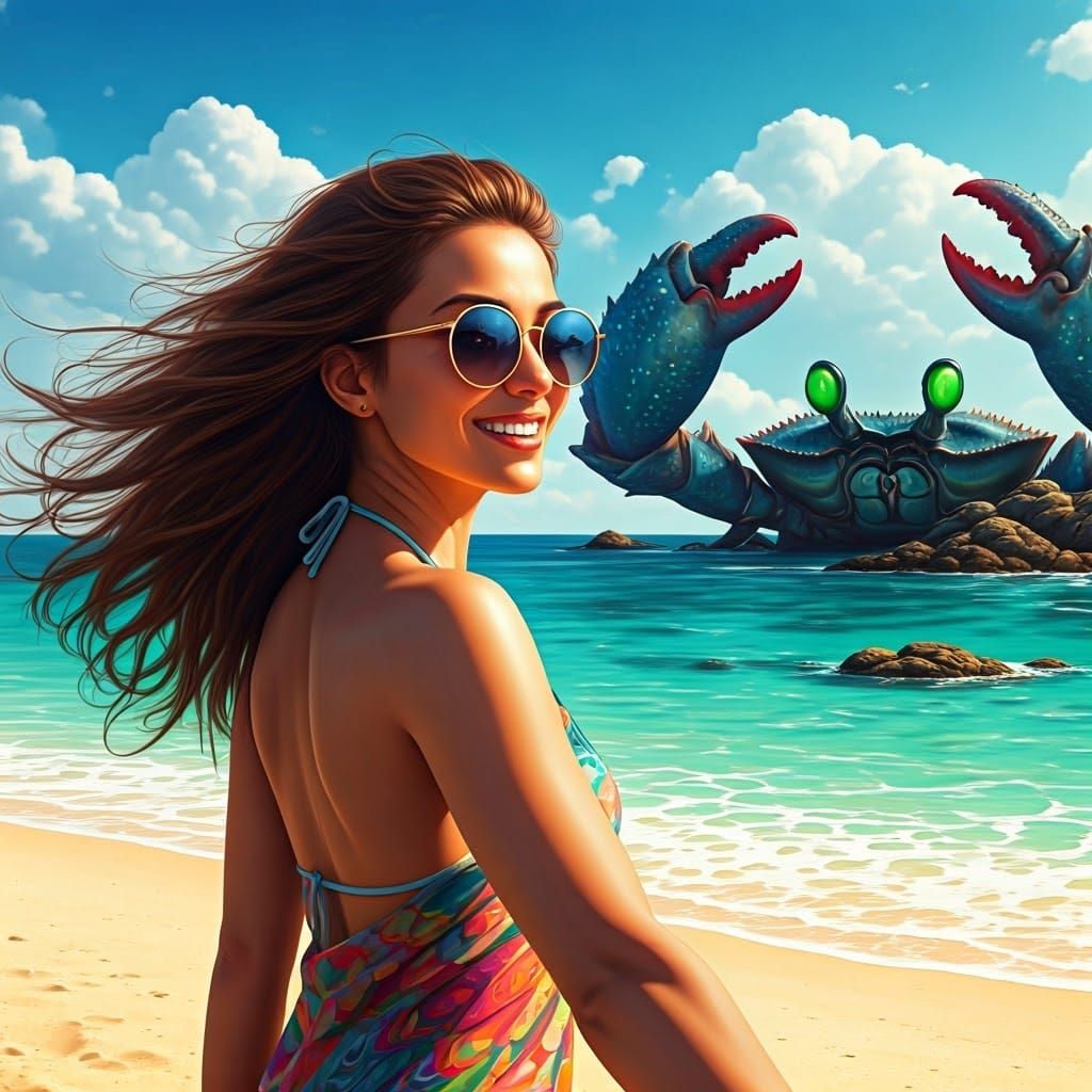 Beach Selfie with Giant Cyberpunk Crab