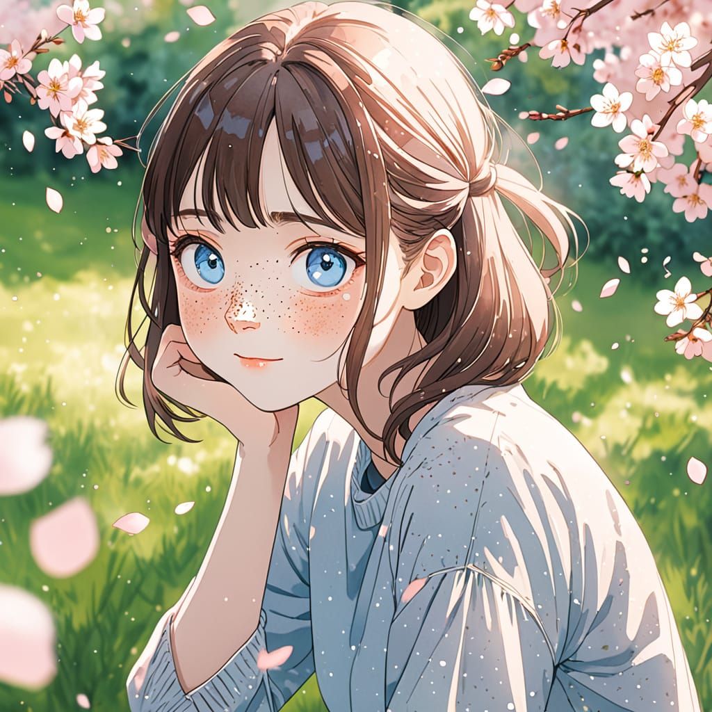 Sunny Anime Girl Surrounded by Cherry Blossoms