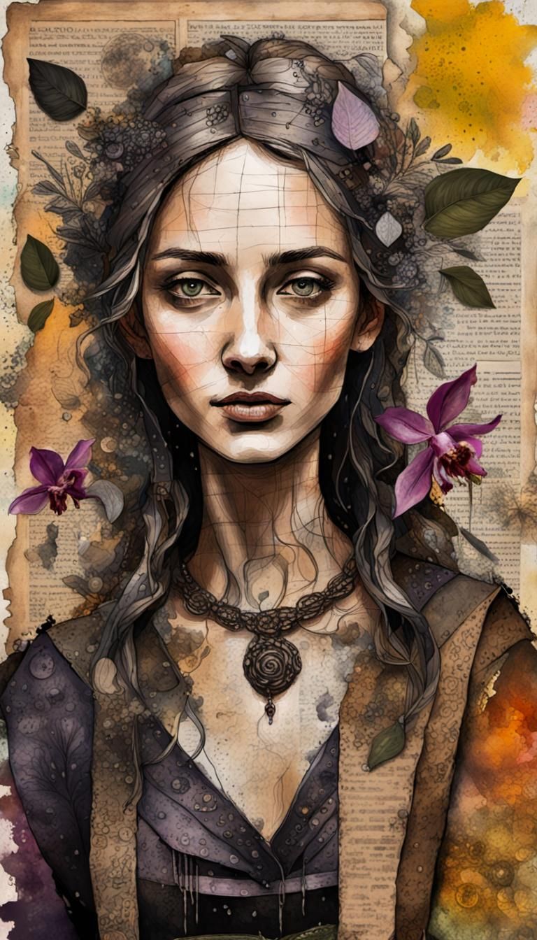 Medieval Herbalist Portrait in Mixed Media Collage
