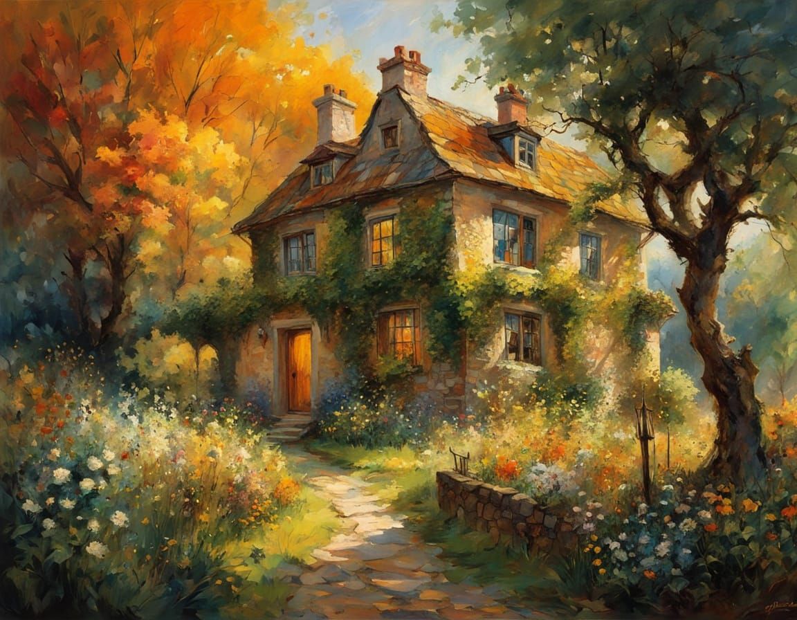 An idyllic, sun shine through the tree, a couple holding hands walking towards a fairytale country house set in a lush, ...