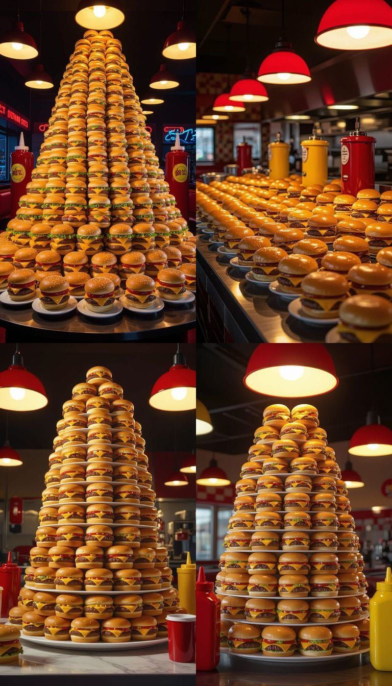 Towering Cheeseburger Buffet with Giant Condiments
