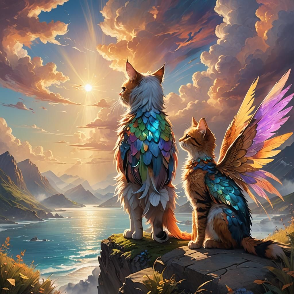 Feathered Cat Fairy and Son Watch Magical Clouds
