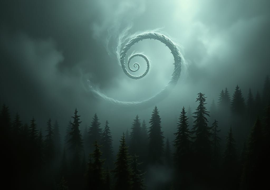 Misty Spiral Over Evergreen Forest in Dore Style