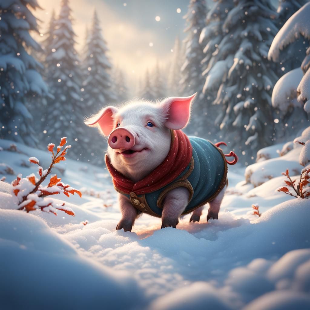 Cute Pig Playing in Snow: Detailed Matte Painting