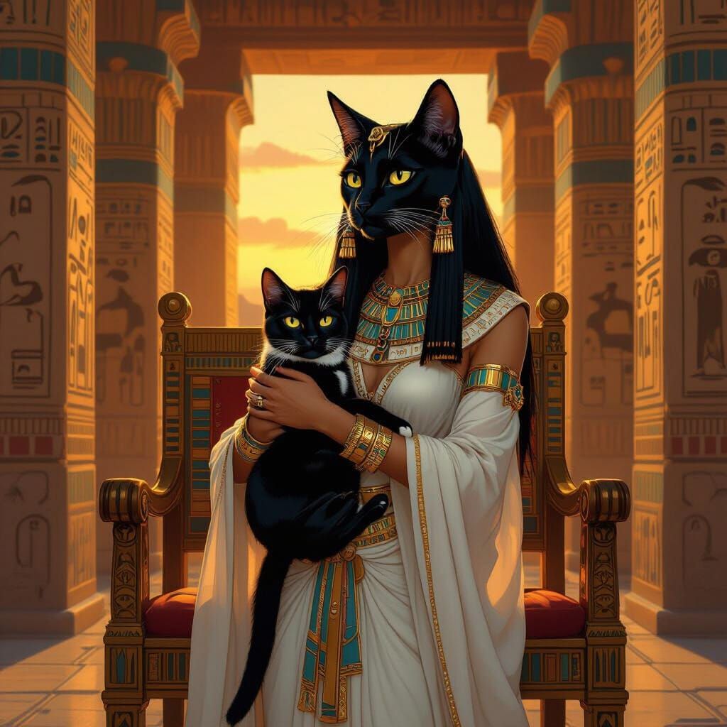 Bastet with Tuxedo Cat in Sunlit Egyptian Temple