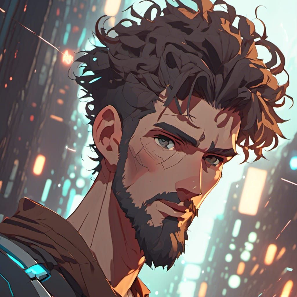 (Tall lanky guy) with (curly brown hair) an a(rounded nose 1.05) skinny pale with (unkempt shaggy beard) futuristic cybe...