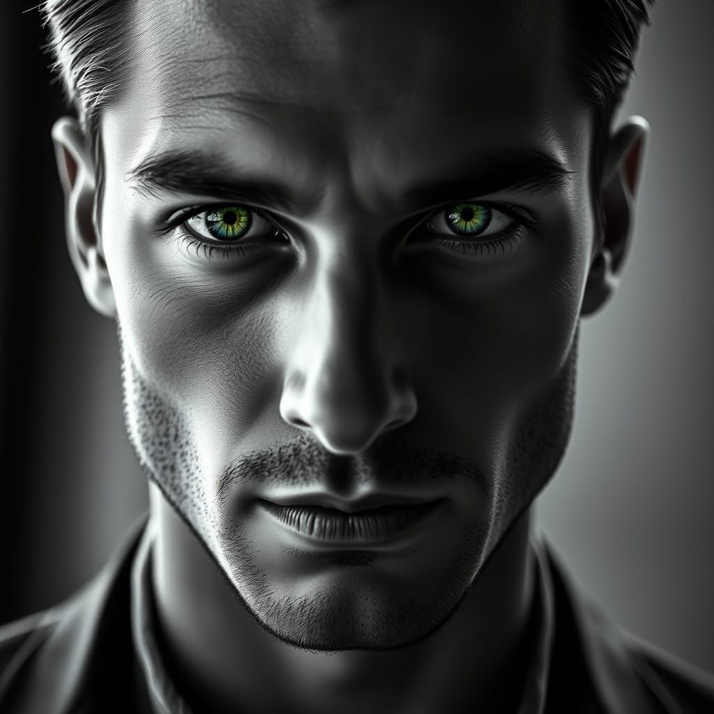 A Handsome Man with Piercing Emerald Green Eyes in Dramatic ...