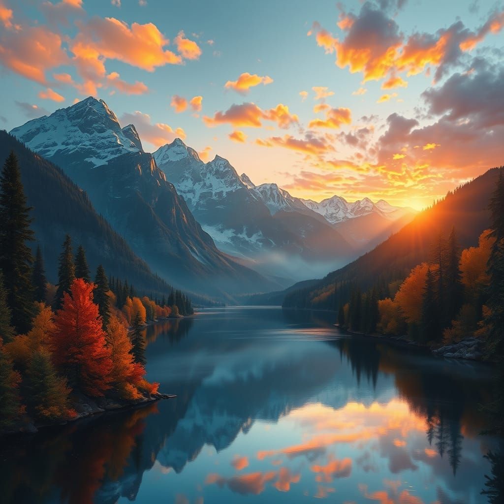 Mountain Lake at Sunset: A Neo-Impressionist 3D Render
