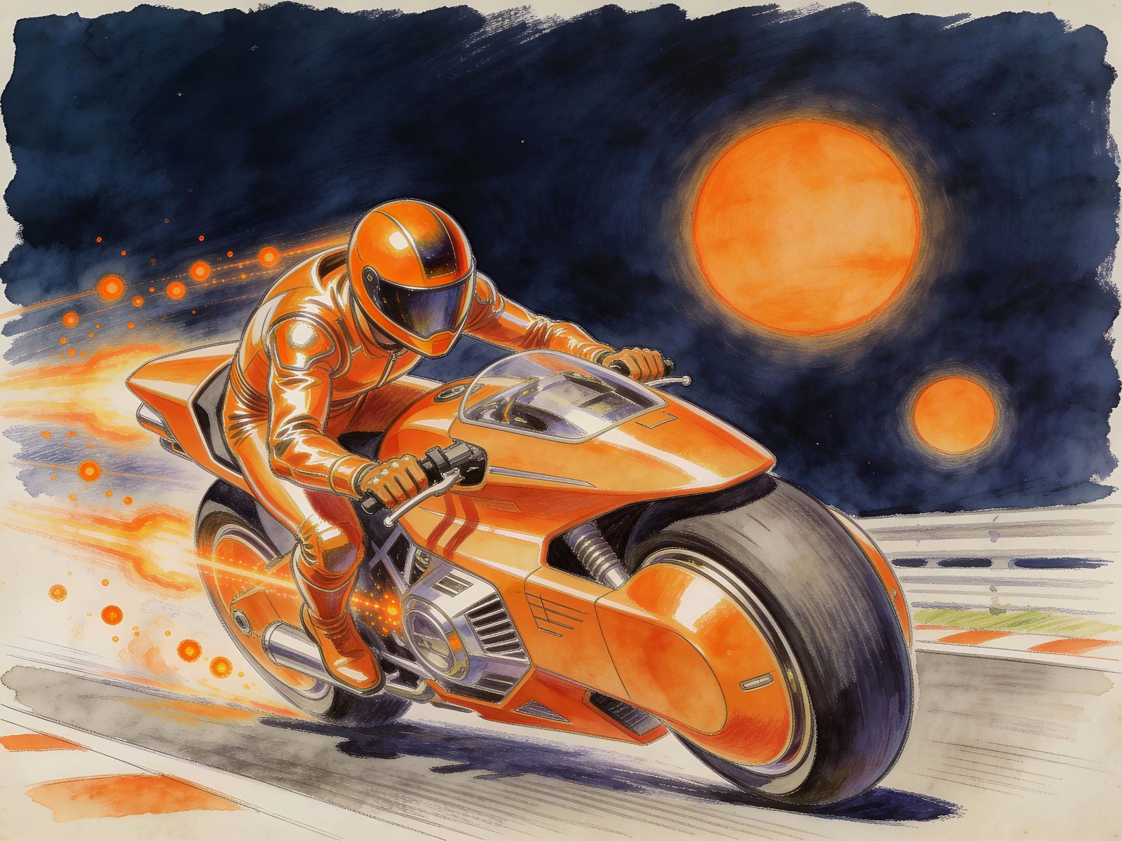 Retro Futurism Jet Bike Race Under Two Orange Moons