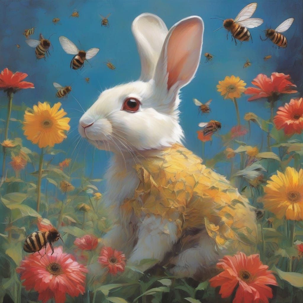 Surreal Bee Rabbit in Vibrant Garden
