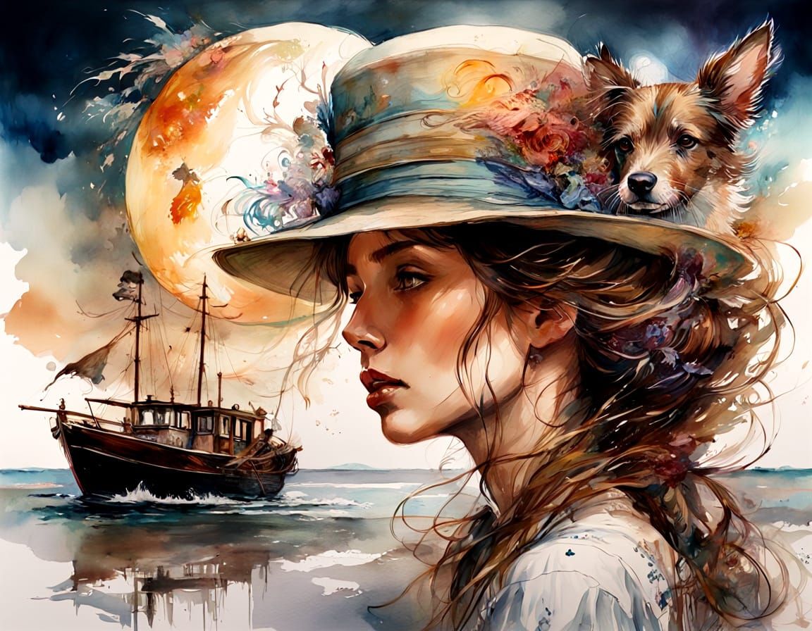 Victorian Woman Holds Hat on Windy Dock with Dog