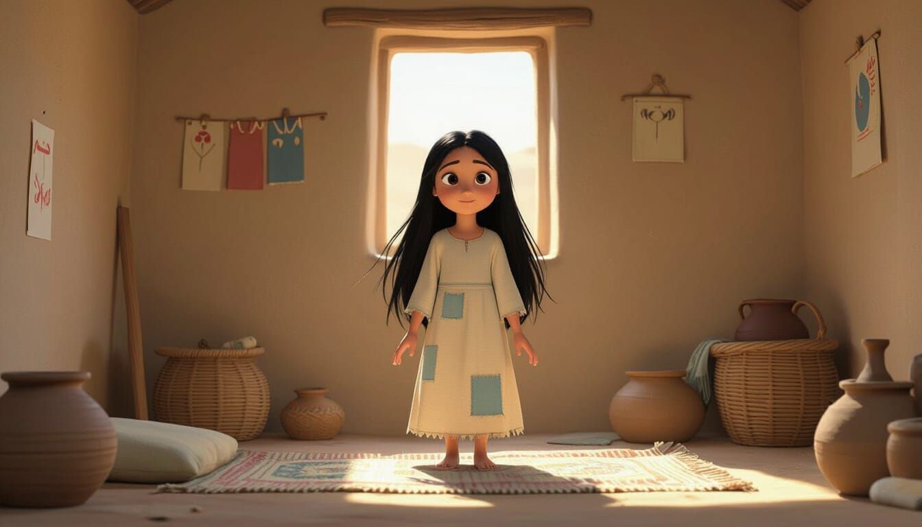 Lian Wakes in Clay House, 3D Disney Pixar Style