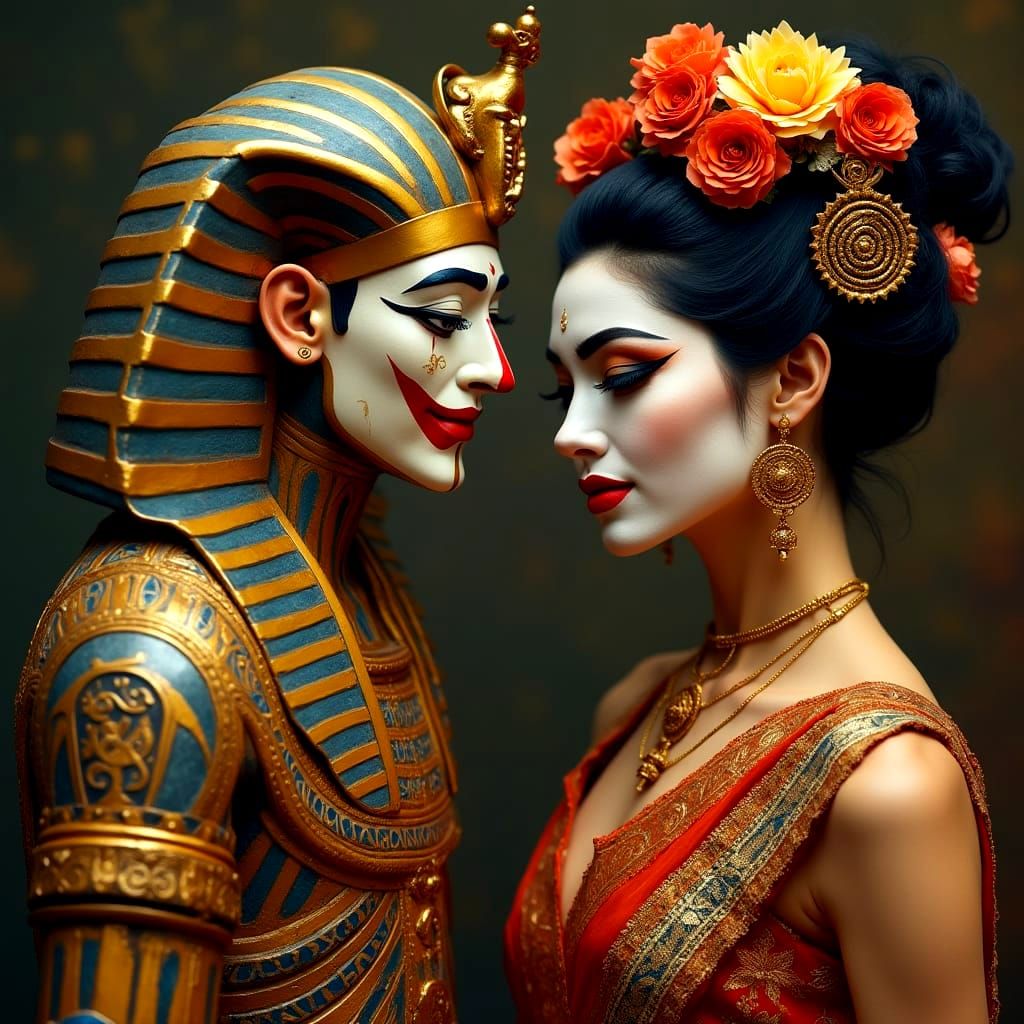 Cultural Fusion: Tutankhamun, Harlequin, Geisha, Krishna