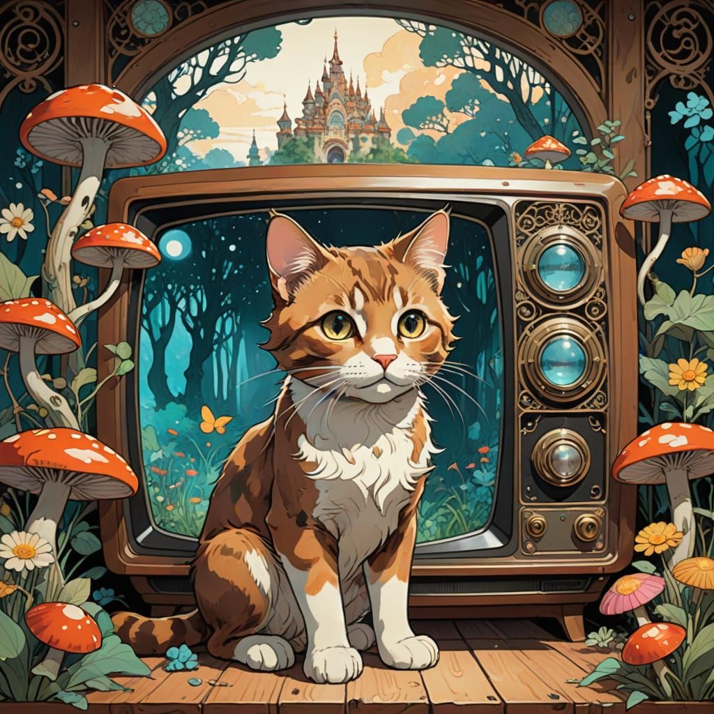 Surreal Cartoon Cat Emerges from Retro TV in Fantastical Wor...