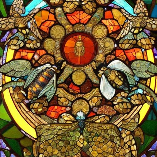 Ornate Stained Glass Honey Bees in Art Nouveau Style