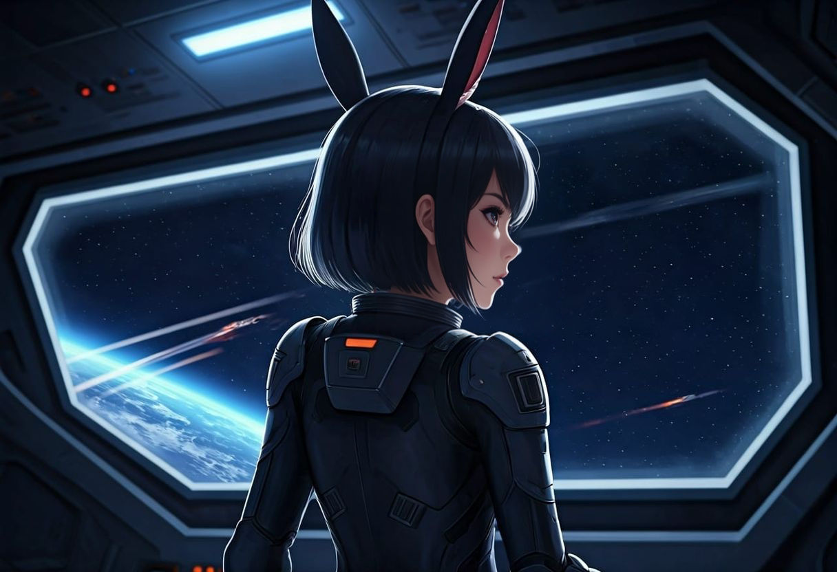 Anime Woman in Spacesuit Stares at Enemy