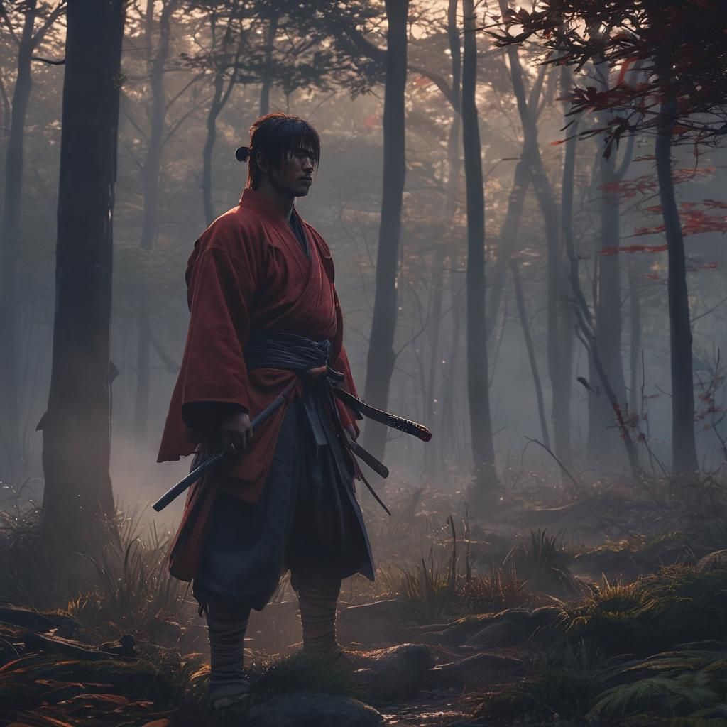 Samurai in Misty Forest: Detailed Matte Painting