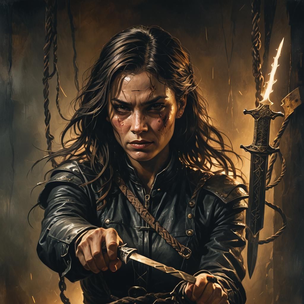 Dark Fantasy: Submissive Slicing Ropes with Dagger