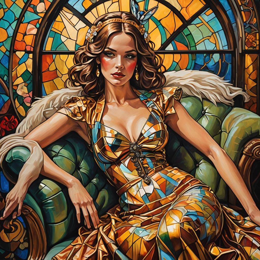 Playboy Model in Art Nouveau Oil Painting