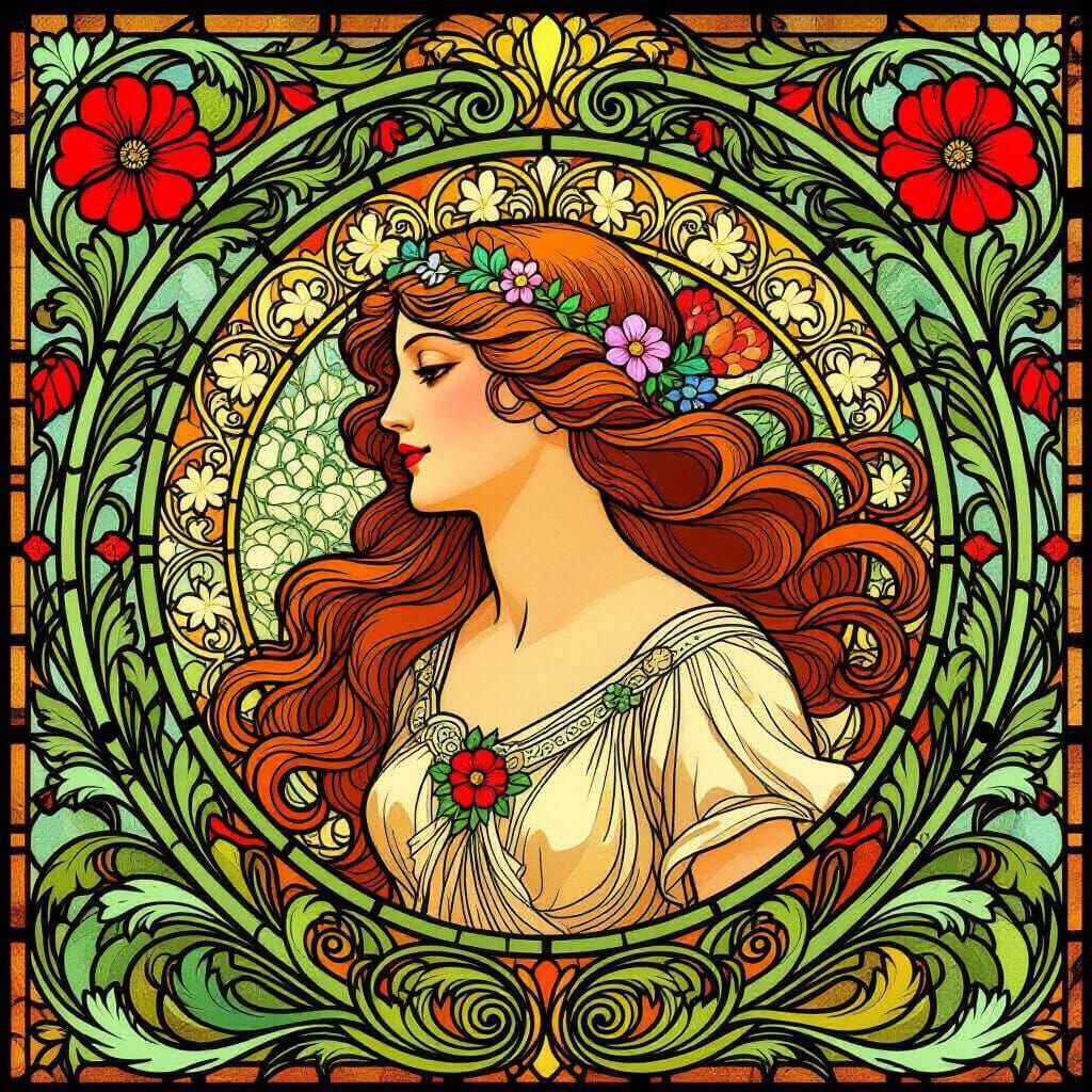 Art Nouveau Stained Glass Woman Floral Masterpiece