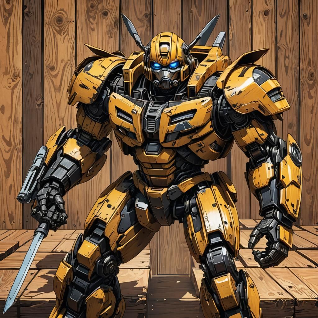 Wooden Bumblebee Anime-Style Robot in Cel-Shaded Graphics