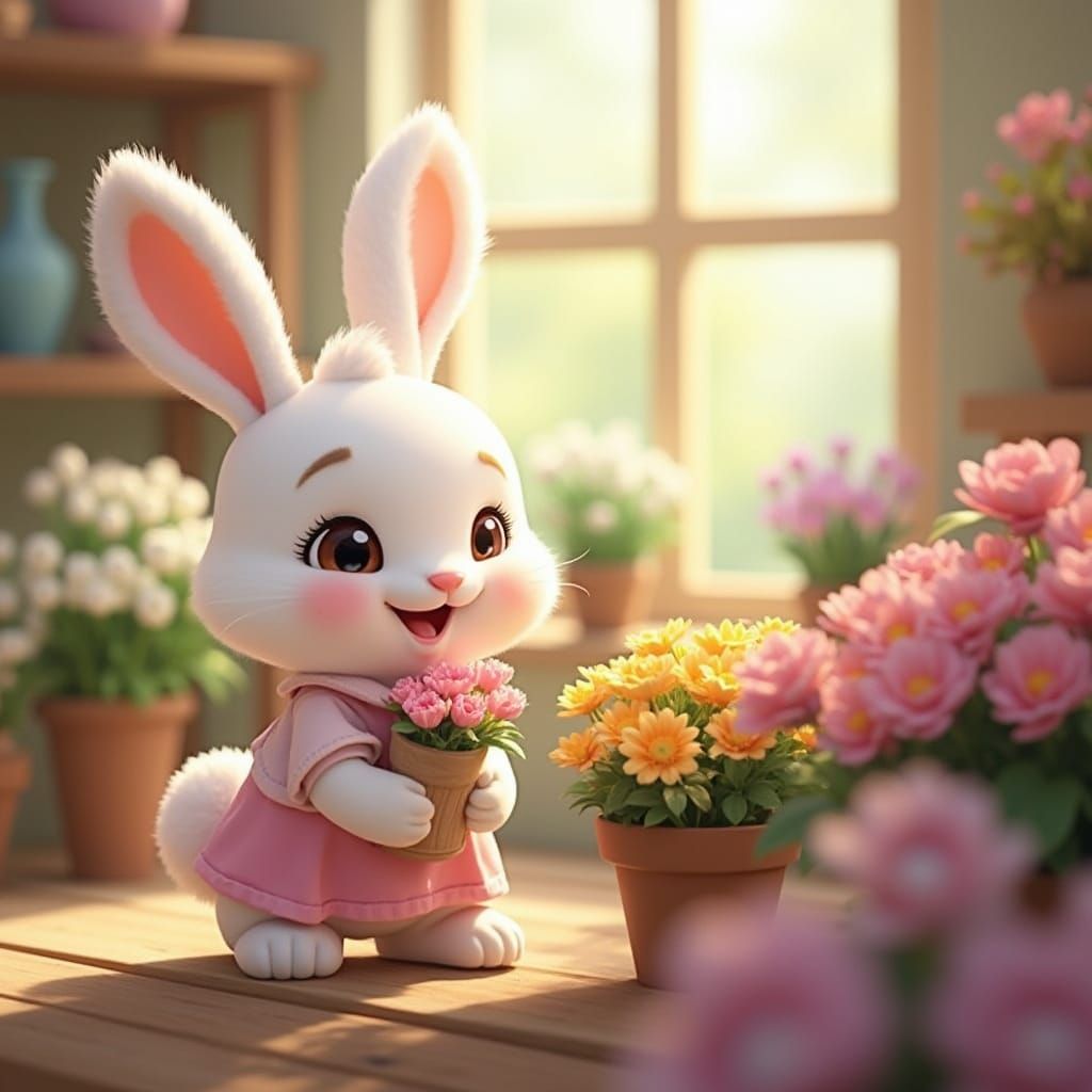 Animated Bunny Buys Bouquets in a Vibrant Floral Market