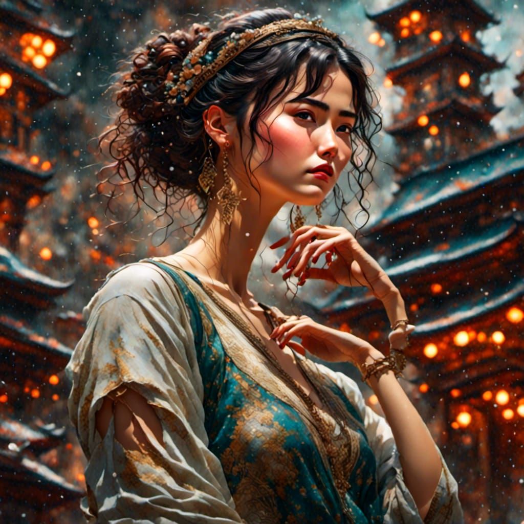 Elven Embrace in Rainy Cyberpunk Landscape