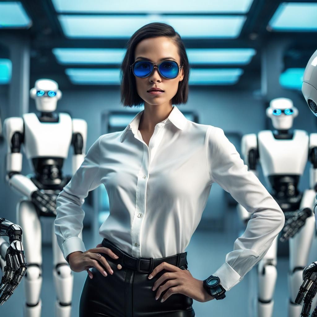 Woman and Robots in Futuristic Lab, Hyperrealistic HDR