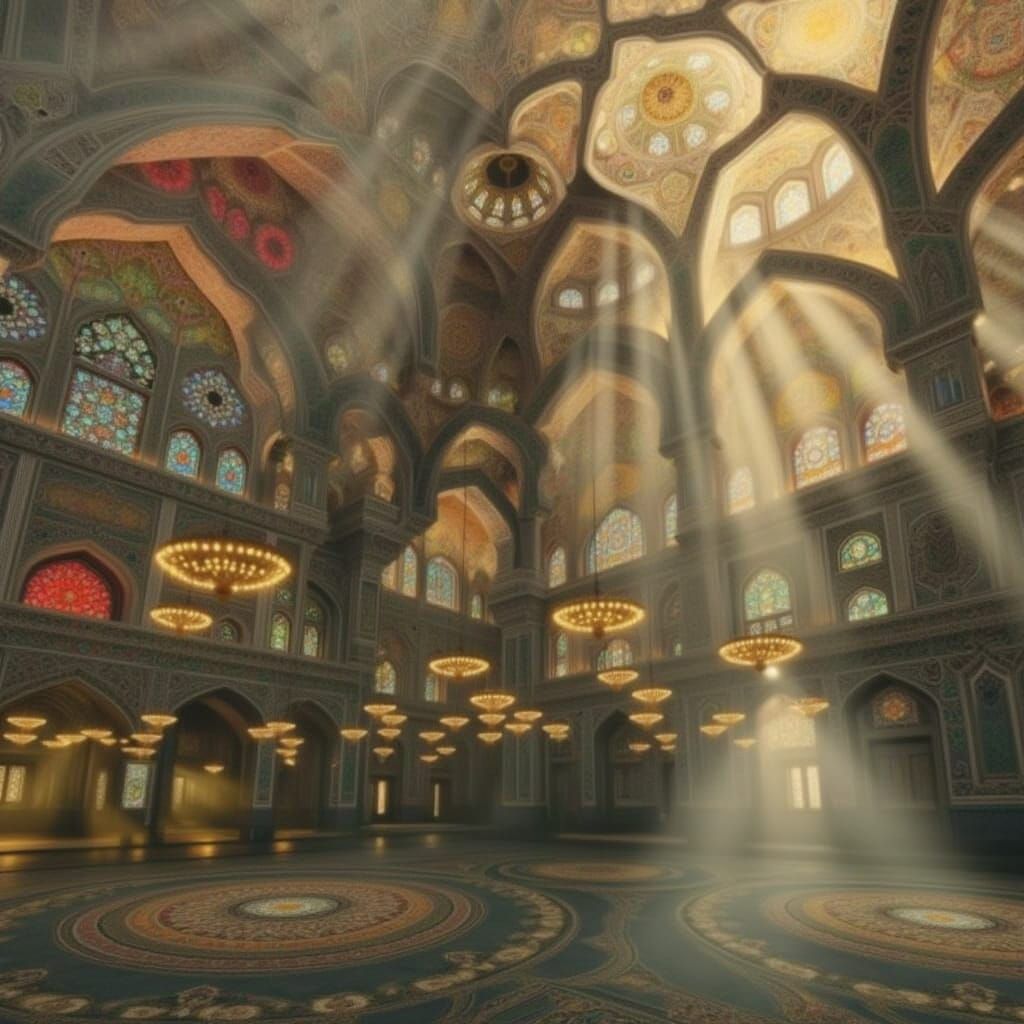 Bright Mosque Interior with Sunlight and Geometric Patterns