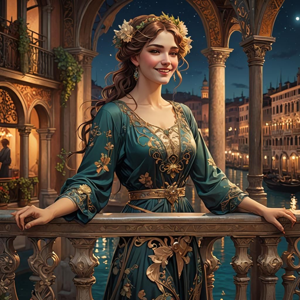 Smiling Girl on Balcony in Art Nouveau Style