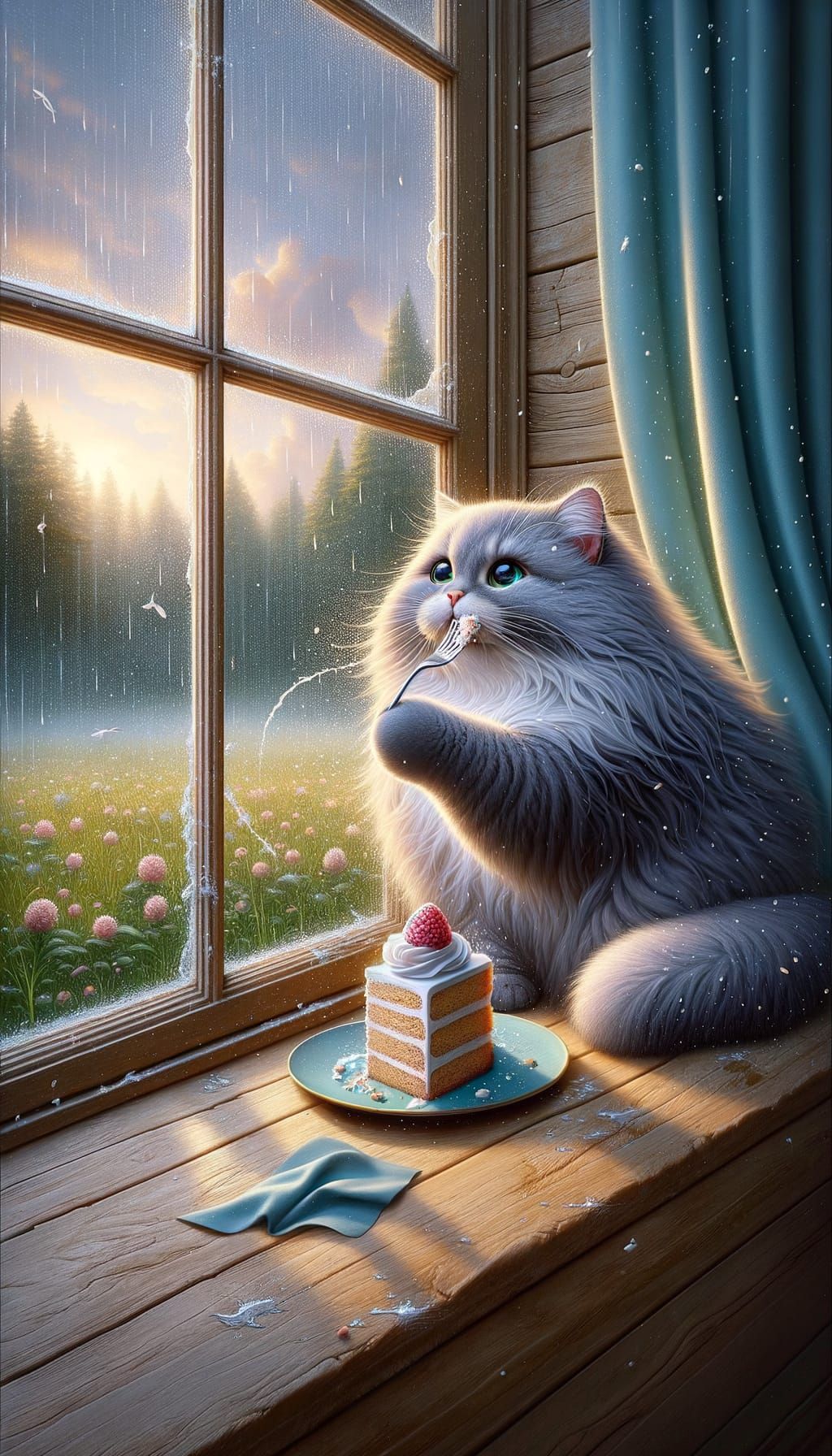 Delightful Grey Cat Enjoys Cake by Window