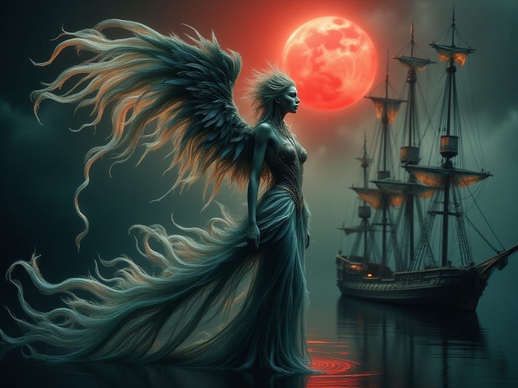 Eerie Siren Chimera Beckons Under Red Moon