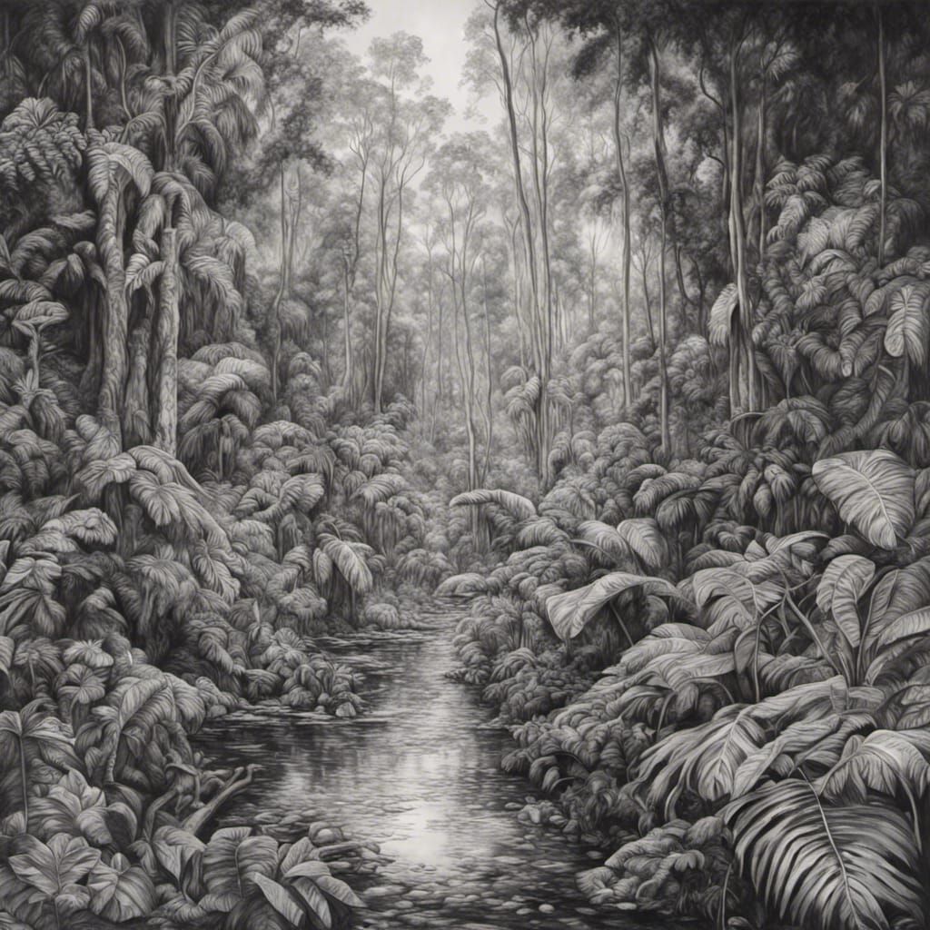 black and white ink oil painting of the Amazon Rainforest, depicting its rich biodiversity and lush green canopies