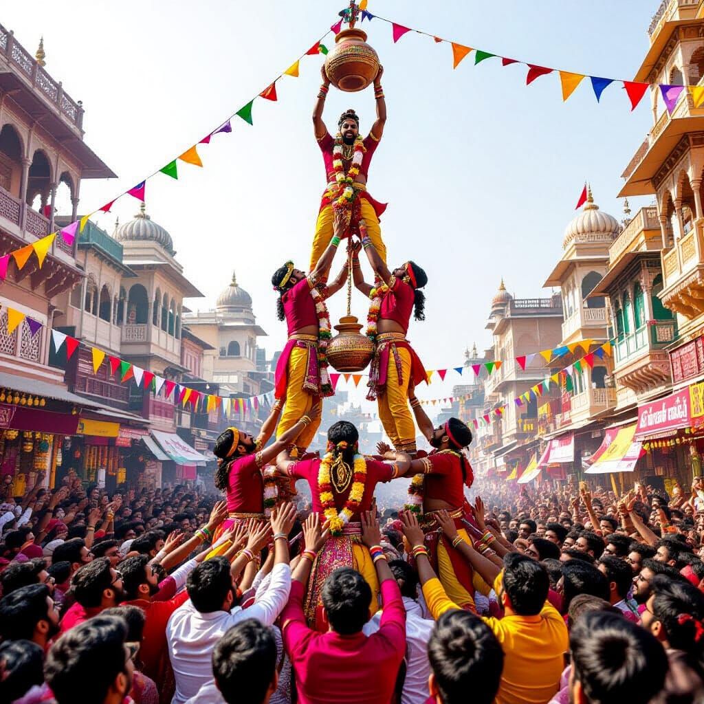 Vibrant Dahi Handi Festival Human Pyramid