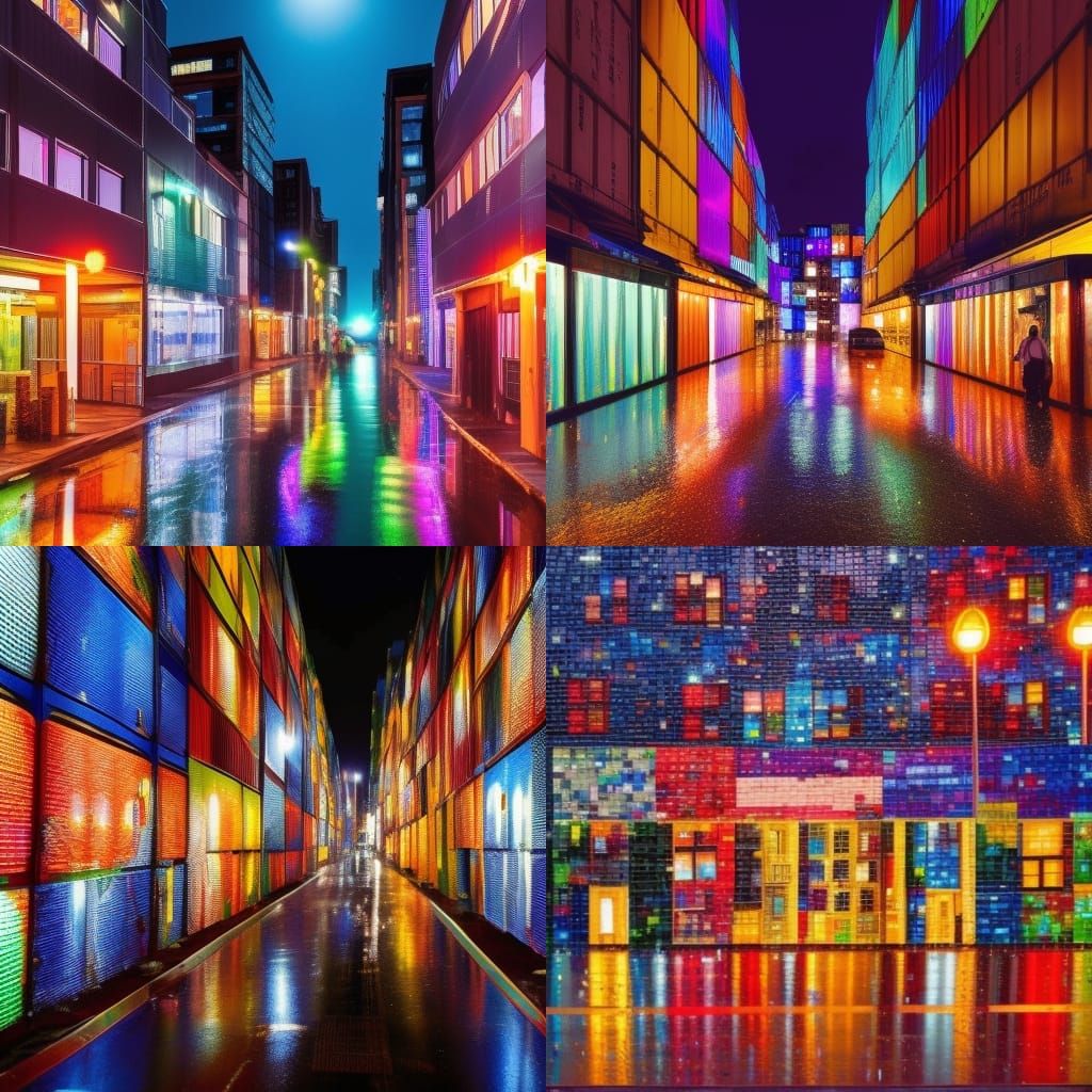 Rainy Night Cityscape of Container Buildings