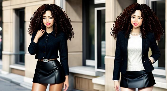 Realistic Portrait of Curly Hair Girl in Miniskirt