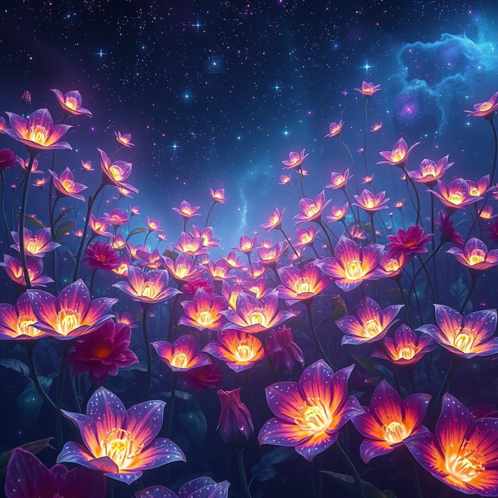 Cosmic Garden of Luminous Stardust Flowers
