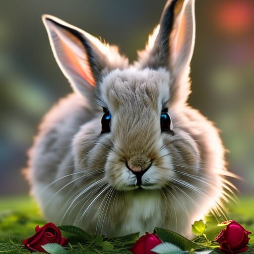 Fuzzy Rabbit with Rose: Hyper-Detailed Digital Art