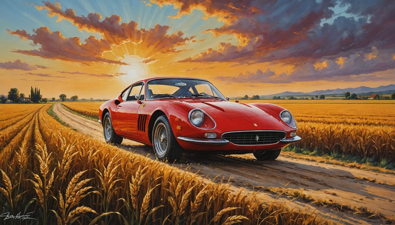 Ferrari Dino 246 in Grain Fields, Acrylic Painting