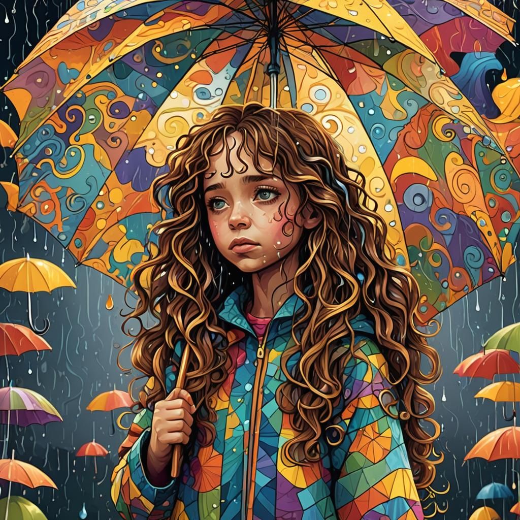 Crying Girl with Umbrella in Whimsical Vector Art