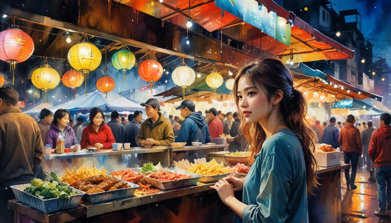 Vibrant Night Market Scene in Watercolor